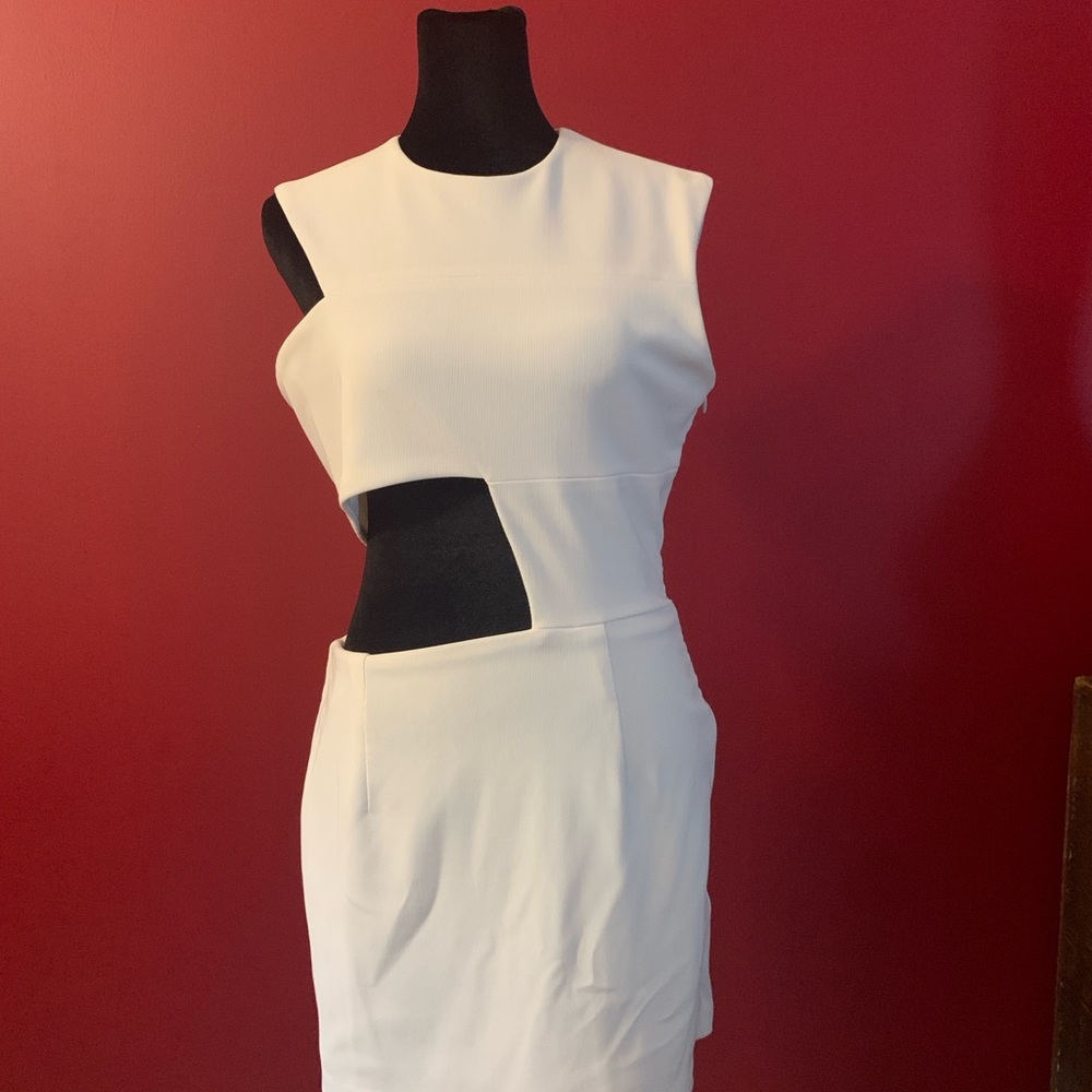 Solace London White Asymmetrical Mock Neck Cocktail Dress